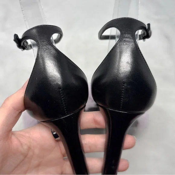 Saint Laurent Bea Mink Fur Leather Square Toe Ankle Strap Stiletto Sandal Heels - Picture 8 of 16